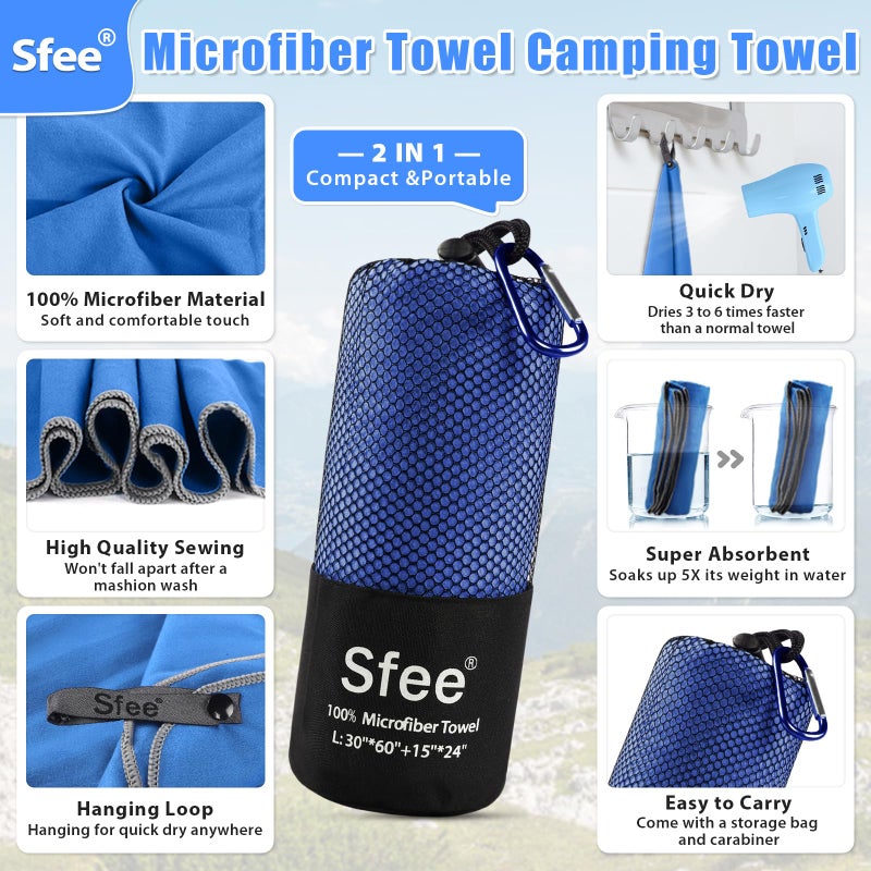 Sfee 2 Pack Microfiber Travel Towel, Quick Dry Camping Towel Large Beach Towel Super Absorbent Compact Lightweight Sports Gym Towels Set for Beach, Gym, Hiking, Pool, Backpacking,Bath,Yoga - Image 2